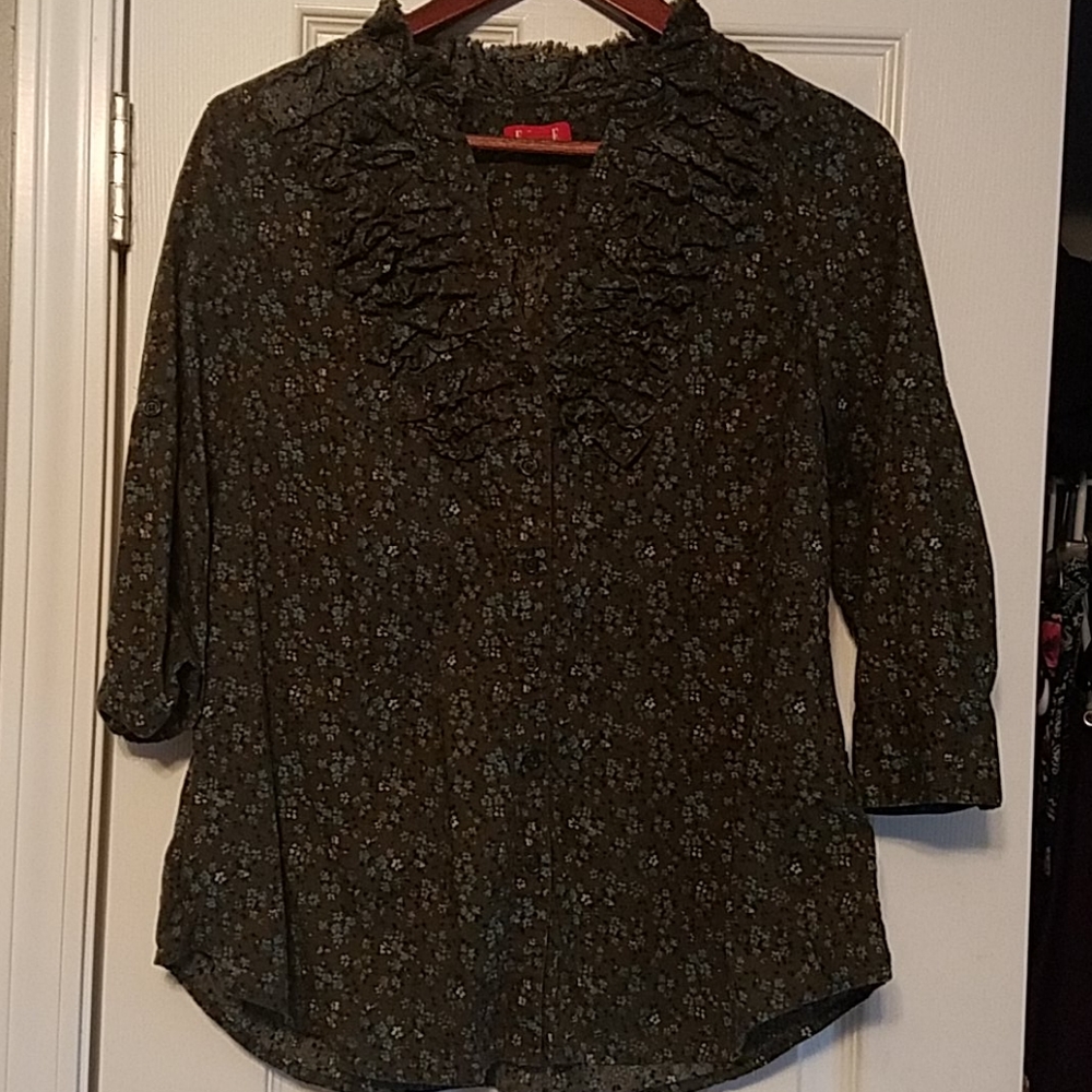 Hunter green button up blouse with blue flowers